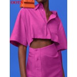 OOTN Streetwear Turn-Down Collar Sexy Hollow Out Short Sleeve Cotton Summer Dresses For Women Single Breasted Pink Pencil Dress OOTN Streetwear Turn-Down Collar Sexy Hollow Out Short Sleeve Cotton Summer Dresses For Women Single Breasted Pink Pencil Dress
