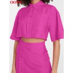 OOTN Streetwear Turn-Down Collar Sexy Hollow Out Short Sleeve Cotton Summer Dresses For Women Single Breasted Pink Pencil Dress OOTN Streetwear Turn-Down Collar Sexy Hollow Out Short Sleeve Cotton Summer Dresses For Women Single Breasted Pink Pencil Dress