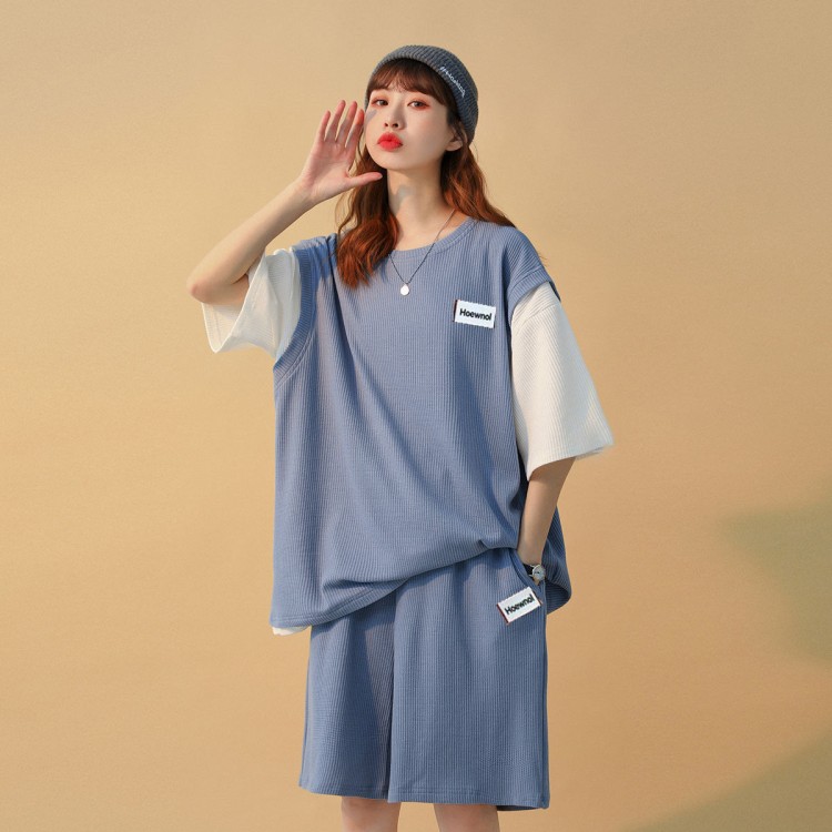 Summer False Two Matching Sets for Women Short Sleeve Casual Clothing Suit Fashion Female Solid Straight Tops Sportswear Outfits Summer False Two Matching Sets for Women Short Sleeve Casual Clothing Suit Fashion Female Solid Straight Tops Sportswear Outfits